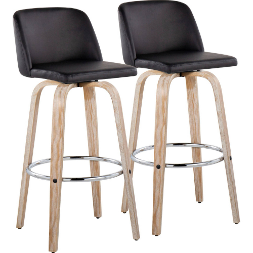 Toriano 30" Swivel Bar Stool in White Washed Wood & Black Leatherette w/ Chrome Footrest (Set of 2)